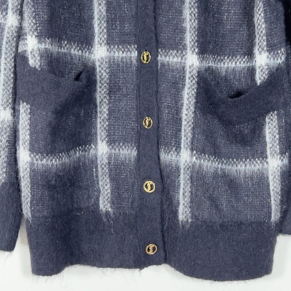 J. Crew Mohair Wool Blend Front Pocket Cardigan Sweater Sz XL Plaid Navy Blue - Picture 3 of 14
